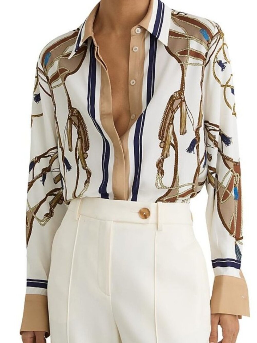 Printed equestrian-inspired Scarf Printed Button-Down Shirt gold buttons - Picture 9 of 9